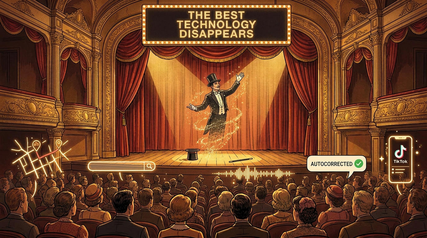 Josh Adler — The Best Technology Disappears — a magician vanishing on stage while the audience watches the magic, not the trick