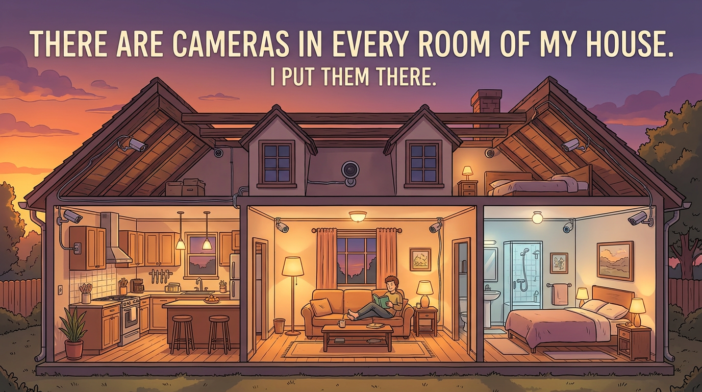 Josh Adler — There Are Cameras in Every Room of My House — illustrated cross-section of a house with cameras in every room