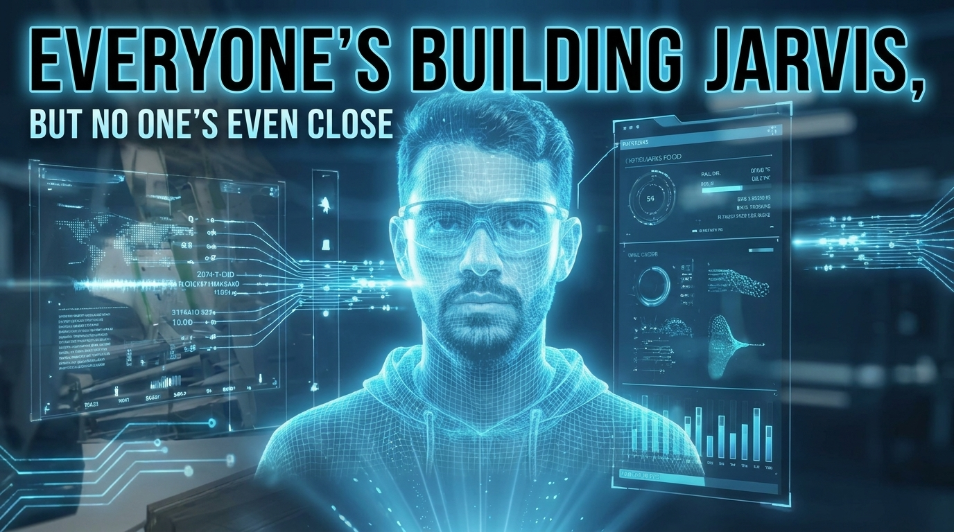 Josh Adler — Everyone's Building Jarvis, But No One's Even Close — holographic AI interface with wireframe figure